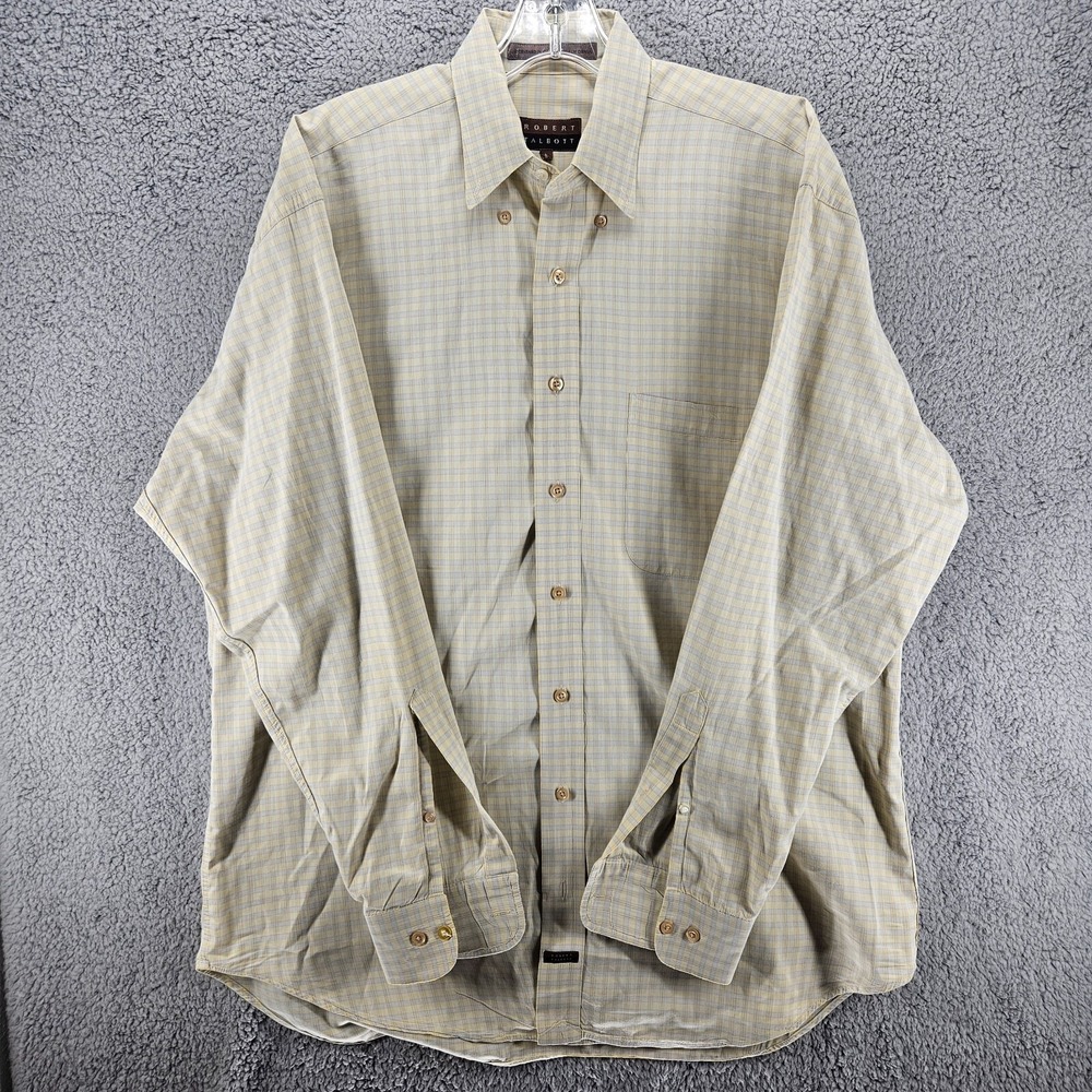 Robert Talbott Mens L Plaid Button Up Shirt Yellow Blue Cotton Long Sleeve